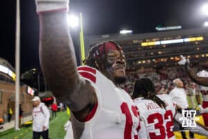 Nebraska Cornhusker wide receiver Nyziah Hunter (13) celebrates the win over the Maryland Terrapins during a college football game on Saturday, October 11, 2025, in College Park, MD. Photo by John S. Peterson.