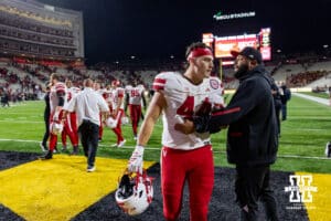Nebraska Cornhusker tight end Luke Lindenmeyer (44) heads to the locker room after the win over the Maryland Terrapins during a college football game on Saturday, October 11, 2025, in College Park, MD. Photo by John S. Peterson.