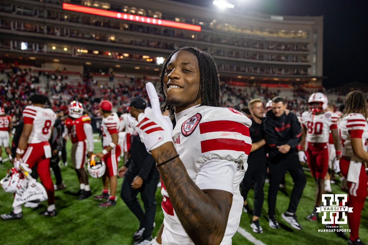 Nebraska Foottball at Maryland | October 11, 2025 Nebraska Cornhusker wide receiver Jacory Barney Jr. (2) celebrates the win over the Maryland Terrapins during a college football game on Saturday, October 11, 2025, in College Park, MD. Photo by John S. Peterson.