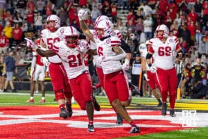 Nebraska Cornhusker wide receiver Dane Key (6) celebraes his touchdown with the Huskers in the fourth quarter against the Maryland Terrapins during a college football game on Saturday, October 11, 2025, in College Park, MD. Photo by John S. Peterson.