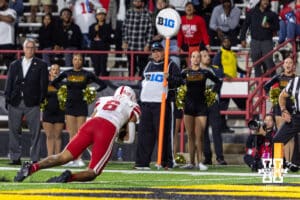Nebraska Cornhusker wide receiver Dane Key (6) makes a catch for the game winning touchdown late in the fourth quarter against the Maryland Terrapins during a college football game on Saturday, October 11, 2025, in College Park, MD. Photo by John S. Peterson.