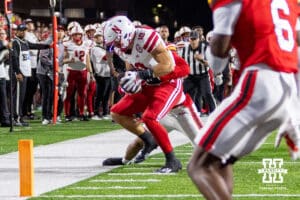 Nebraska Cornhusker tight end Heinrich Haarberg (10) makes a catch and stays inbounds against the Maryland Terrapins in the fourth quarter during a college football game on Saturday, October 11, 2025, in College Park, MD. Photo by John S. Peterson.