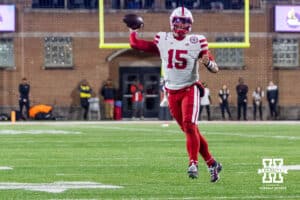 Nebraska Cornhusker quarterback Dylan Raiola (15) makes a pass to tight end Heinrich Haarberg (10) in the fourt quarter during a college football game on Saturday, October 11, 2025, in College Park, MD. Photo by John S. Peterson.