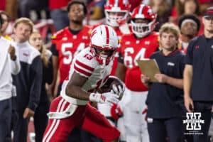 Nebraska Cornhusker wide receiver Nyziah Hunter (13) runs with the ball against the Maryland Terrapins in the fourth quarter during a college football game on Saturday, October 11, 2025, in College Park, MD. Photo by John S. Peterson.