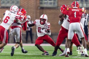 Nebraska Cornhusker running back Emmett Johnson (21) runs with the ball against the Maryland Terrapins in the fourth quarer during a college football game on Saturday, October 11, 2025, in College Park, MD. Photo by John S. Peterson.