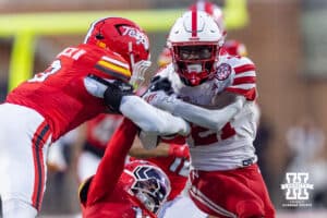 Nebraska Cornhusker running back Emmett Johnson (21) runs with the ball against the Maryland Terrapins in the fourth quarter during a college football game on Saturday, October 11, 2025, in College Park, MD. Photo by John S. Peterson.