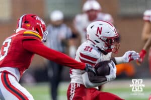 Nebraska Cornhusker running back Emmett Johnson (21) runs with the ball against the Maryland Terrapins in the fourth quarter during a college football game on Saturday, October 11, 2025, in College Park, MD. Photo by John S. Peterson.