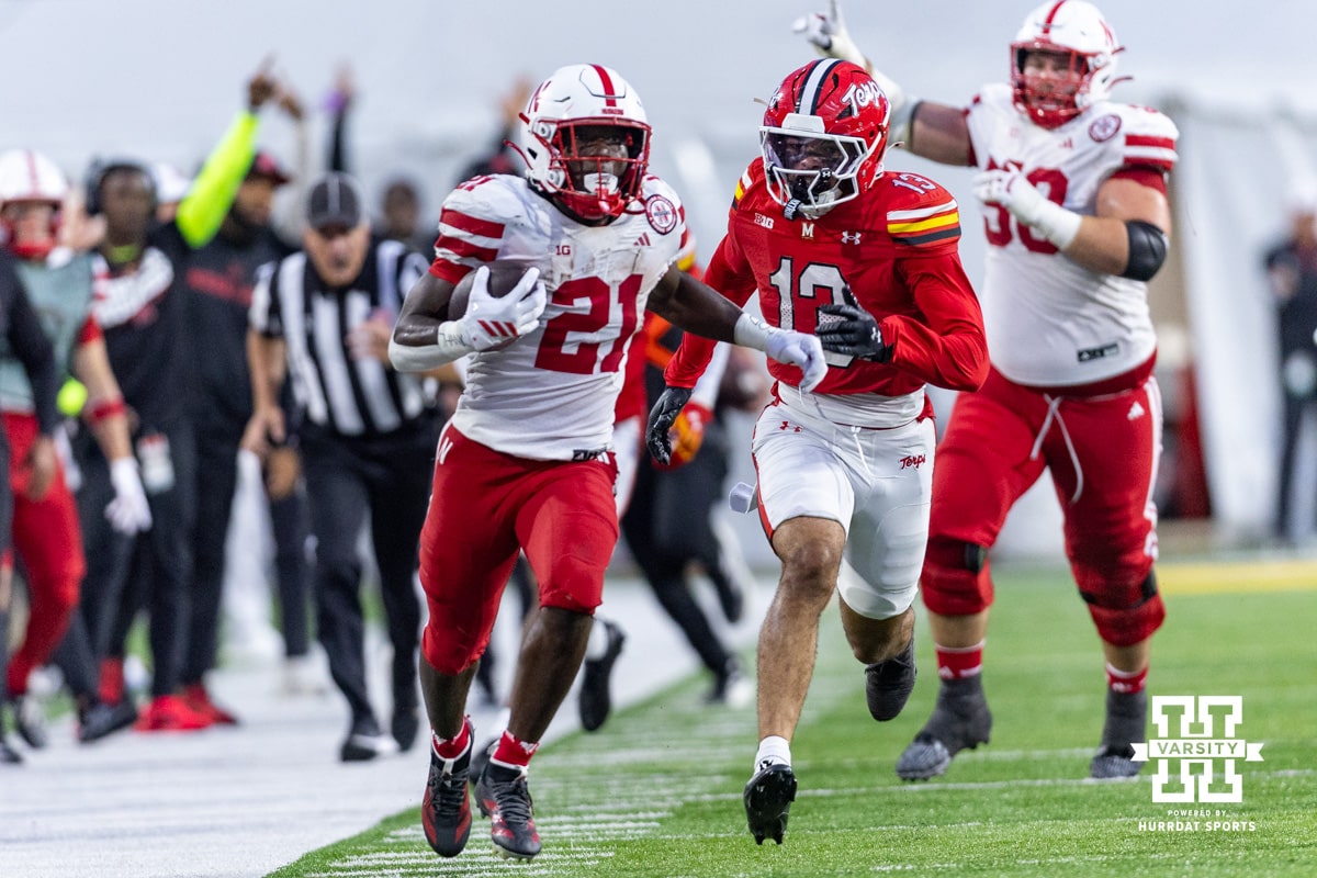 Nebraska Cornhusker running back Emmett Johnson (21) runs with the ball against the Maryland Terrapins in the fourth quarter during a college football game on Saturday, October 11, 2025, in College Park, MD. Photo by John S. Peterson.