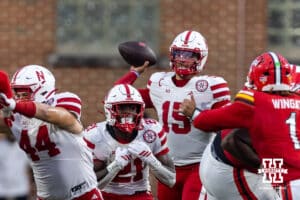 Nebraska Cornhusker quarterback Dylan Raiola (15) throws a pass against the Maryland Terrapins in the fourth quarter during a college football game on Saturday, October 11, 2025, in College Park, MD. Photo by John S. Peterson.