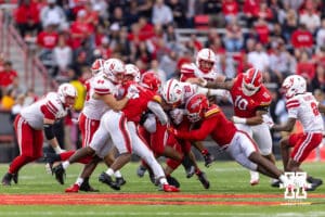 Nebraska Cornhusker running back Isaiah Mozee (22) runs with the ball against the Maryland Terrapins in the third quarter during a college football game on Saturday, October 11, 2025, in College Park, MD. Photo by John S. Peterson.