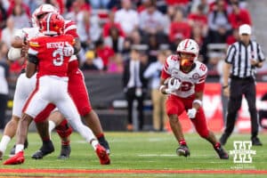 Nebraska Cornhusker running back Isaiah Mozee (22) runs with the ball against the Maryland Terrapins in the third quarter during a college football game on Saturday, October 11, 2025, in College Park, MD. Photo by John S. Peterson.
