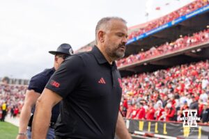 Nebraska Cornhusker head coach Matt Rhule head to the locker room at the half against the Maryland Terrapins during a college football game on Saturday, October 11, 2025, in College Park, MD. Photo by John S. Peterson.