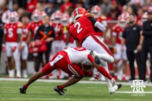 Nebraska Cornhusker defensive back Andrew Marshall (10) tackles Maryland Terrapin running back Nolan Ray (2) in the second quarter during a college football game on Saturday, October 11, 2025, in College Park, MD. Photo by John S. Peterson.