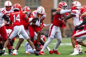 Nebraska Cornhusker running back Isaiah Mozee (22) runs with the ball against the Maryland Terrapins in the second quarter during a college football game on Saturday, October 11, 2025, in College Park, MD. Photo by John S. Peterson.