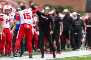 Nebraska Cornhusker quarterback Dylan Raiola (15) and coach Mike Ekeler celebrate Nyziah Hunter's touchdown int the second quarter against the Maryland Terrapins during a college football game on Saturday, October 11, 2025, in College Park, MD. Photo by John S. Peterson.