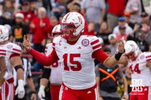 Nebraska Cornhusker quarterback Dylan Raiola (15) celebrates wide receiver Nyziah Hunter (13) touchdown against the Maryland Terrapins in the second quarter during a college football game on Saturday, October 11, 2025, in College Park, MD. Photo by John S. Peterson.