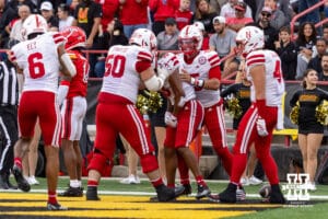 Nebraska Cornhuskers celebrates Nyziah Hunter's touchdown in the second quarter against the Maryland Terrapins during a college football game on Saturday, October 11, 2025, in College Park, MD. Photo by John S. Peterson.