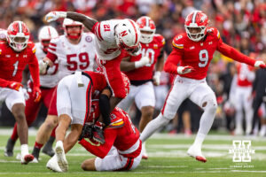 Nebraska Cornhusker running back Emmett Johnson (21) runs with the ball against the Maryland Terrapins in the second quarter during a college football game on Saturday, October 11, 2025, in College Park, MD. Photo by John S. Peterson.