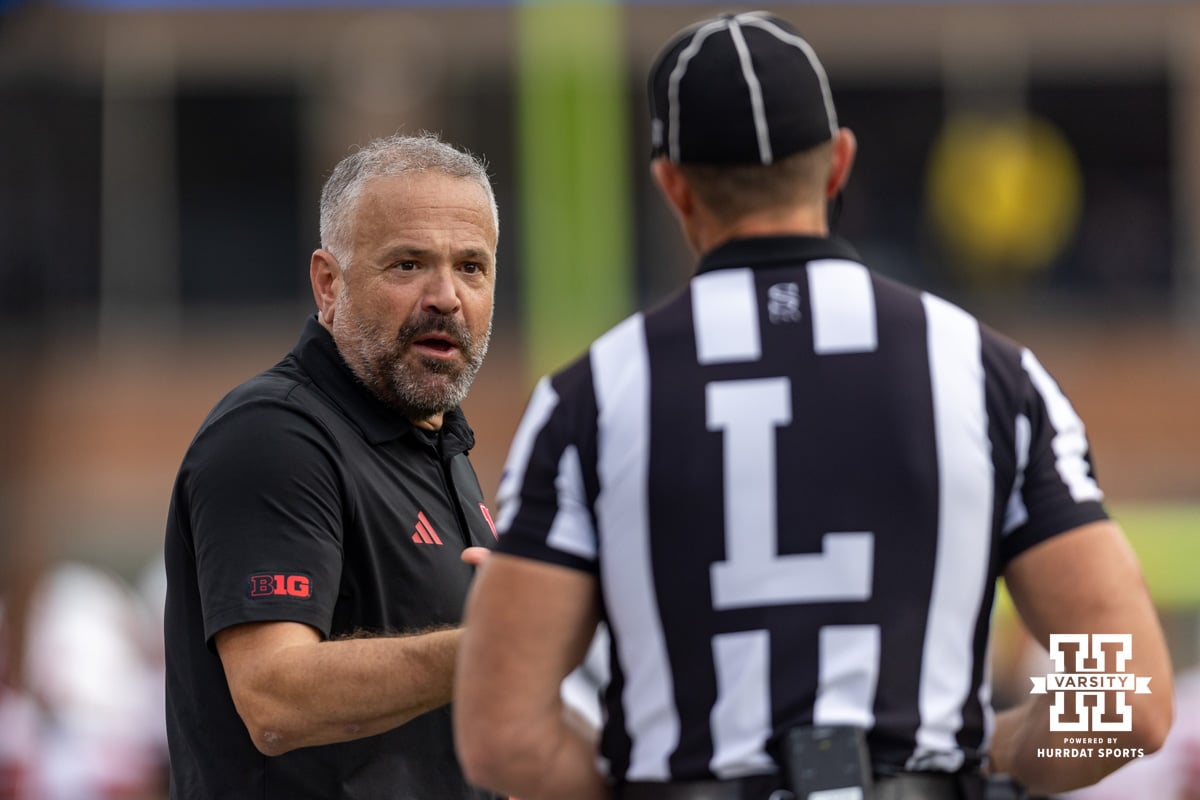 Nebraska Cornhusker head coach Matt Rhule talks to the referee against the Maryland Terrapins in the second quarter during a college football game on Saturday, October 11, 2025, in College Park, MD. Photo by John S. Peterson.