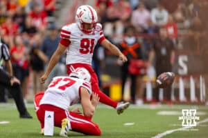Nebraska Cornhusker kicker Kyle Cunanan (91) makes the extra point in the second quarter against the Maryland Terrapins during a college football game on Saturday, October 11, 2025, in College Park, MD. Photo by John S. Peterson.