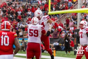 Nebraska Cornhusker tight end Luke Lindenmeyer (44) celebrates with offensive lineman Henry Lutovsky (59) against the Maryland Terrapins in the second quarter during a college football game on Saturday, October 11, 2025, in College Park, MD. Photo by John S. Peterson.