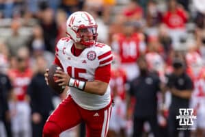 Nebraska Cornhusker quarterback Dylan Raiola (15) rolls out to pass to tight end Luke Lindenmeyer (44) for a touchdown in the second quarter during a college football game on Saturday, October 11, 2025, in College Park, MD. Photo by John S. Peterson.