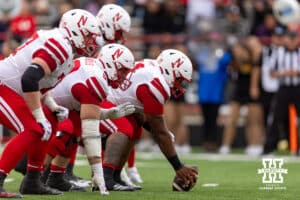 Nebraska Cornhuskers offensive line ready for the snap against the Maryland Terrapins in the second quarter during a college football game on Saturday, October 11, 2025, in College Park, MD. Photo by John S. Peterson.