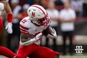 Nebraska Cornhusker running back Emmett Johnson (21) runs with the ball against the Maryland Terrapins in the second quarter during a college football game on Saturday, October 11, 2025, in College Park, MD. Photo by John S. Peterson.