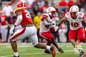 Nebraska Cornhusker running back Emmett Johnson (21) runs with ball against the Maryland Terrapins in the second quarter during a college football game on Saturday, October 11, 2025, in College Park, MD. Photo by John S. Peterson.