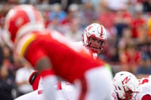 Nebraska Cornhusker quarterback Dylan Raiola (15) under center ready for the snap against the Maryland Terrapins in the second quarter during a college football game on Saturday, October 11, 2025, in College Park, MD. Photo by John S. Peterson.