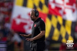 Nebraska Cornhusker head coach Matt Rhule reacts to after a Maryland Terrapins touchdown in the second quarter during a college football game on Saturday, October 11, 2025, in College Park, MD. Photo by John S. Peterson.
