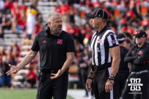 Nebraska Cornhusker head coach Matt Rhule talking to the referee during a college football game against the Maryland Terrapins on Saturday, October 11, 2025, in College Park, MD. Photo by John S. Peterson.