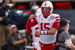 Nebraska Cornhusker quarterback Dylan Raiola (15) celebrates the Hunter touchdown in the first quarter against the Maryland Terrapins during a college football game on Saturday, October 11, 2025, in College Park, MD. Photo by John S. Peterson.