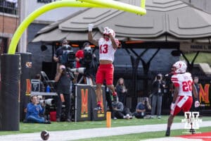 Nebraska Cornhusker wide receiver Nyziah Hunter (13) celebrates scoring a touchdown against the Maryland Terrapins in the first quarter during a college football game on Saturday, October 11, 2025, in College Park, MD. Photo by John S. Peterson.