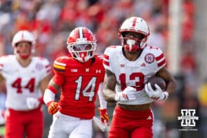 Nebraska Cornhusker wide receiver Nyziah Hunter (13) runs in for a touchdown against the Maryland Terrapins in the first quarter during a college football game on Saturday, October 11, 2025, in College Park, MD. Photo by John S. Peterson.