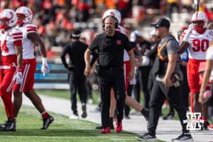 Nebraska Cornhusker head coach Matt Rhule walking along the sideline against the Maryland Terrapins in the first quarter during a college football game on Saturday, October 11, 2025, in College Park, MD. Photo by John S. Peterson.