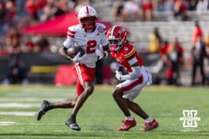 Nebraska Cornhusker wide receiver Jacory Barney Jr. (2) runs with the ball against Maryland Terrapin defensive back Dontay Joyner (6) in the first quarter during a college football game on Saturday, October 11, 2025, in College Park, MD. Photo by John S. Peterson.
