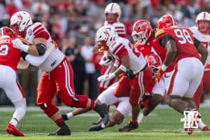Nebraska Cornhusker running back Isaiah Mozee (22) runs with the ball against the Maryland Terrapins during a college football game on Saturday, October 11, 2025, in College Park, MD. Photo by John S. Peterson.
