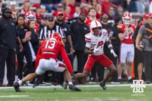 Nebraska Cornhusker wide receiver Jacory Barney Jr. (2) runs with the ball against Maryland Terrapin defensive back Lavain Scruggs (13) in the first quarter during a college football game on Saturday, October 11, 2025, in College Park, MD. Photo by John S. Peterson.