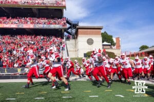 Nebraska Cornhuskers take the field during a college football against the Maryland Terrapins on Saturday, October 11, 2025, in College Park, MD. Photo by John S. Peterson.