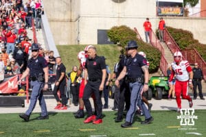 Nebraska Cornhusker head coach Matt Rhule and the team captians walk out to before taking on Maryland Terrapins during a college football game on Saturday, October 11, 2025, in College Park, MD. Photo by John S. Peterson.