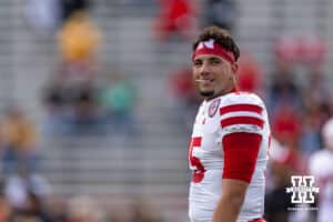 Nebraska Cornhusker quarterback Dylan Raiola (15) smiles looking over to his family beofre taking on the Maryland Terrapins during a college football game on Saturday, October 11, 2025, in College Park, MD. Photo by John S. Peterson.