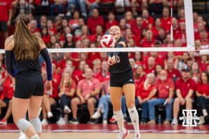 Nebraska Cornhusker Olivia Mauch (#10) bumps the ball during a college volleyball match against Washington on Friday, October 10, 2025, in Lincoln, Nebraska. Photo by Brandon Tiedemann.