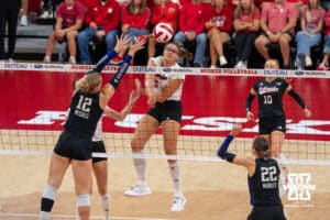 Nebraska Cornhusker Rebekah Allick (#5) spikes the ball during a college volleyball match against Washington on Friday, October 10, 2025, in Lincoln, Nebraska. Photo by Brandon Tiedemann.