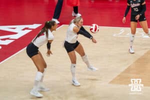 Nebraska Cornhusker Laney Choboy (#6) catches the serve during a college volleyball match against Washington on Friday, October 10, 2025, in Lincoln, Nebraska. Photo by Brandon Tiedemann.