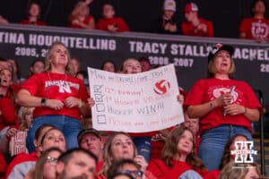 Nebraska Cornhusker fans shows off her sign during a college volleyball match against Washington on Friday, October 10, 2025, in Lincoln, Nebraska. Photo by Brandon Tiedemann.