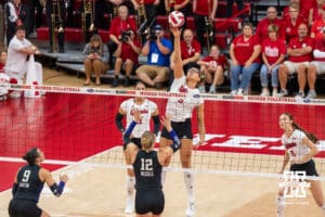 Nebraska Cornhusker Rebekah Allick (#5) jumps for the ball during a college volleyball match against Washington on Friday, October 10, 2025, in Lincoln, Nebraska. Photo by Brandon Tiedemann.