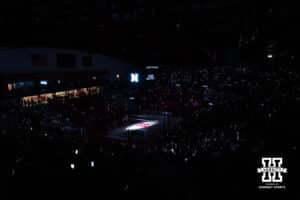 Nebraska Cornhusker fans during the light show during a college volleyball match against Washington on Friday, October 10, 2025, in Lincoln, Nebraska. Photo by Brandon Tiedemann.