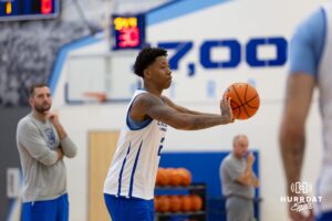 Creighton Bluejay Blake Harper (2) passes the ball during media day on Thursday, October 9, 2025, in Omaha, Nebraska. Photo by John S. Peterson.