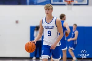 Creighton Bluejay Ty Davis (9) dribbles the ball during media day on Thursday, October 9, 2025, in Omaha, Nebraska. Photo by John S. Peterson.